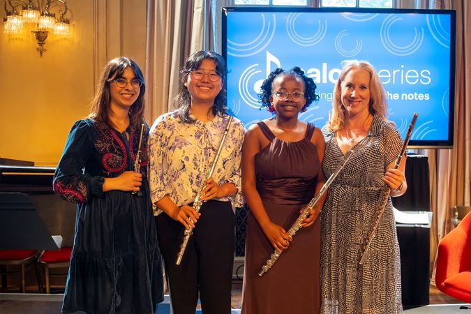 Jennifer Gunn and young flutists at the Salon Series